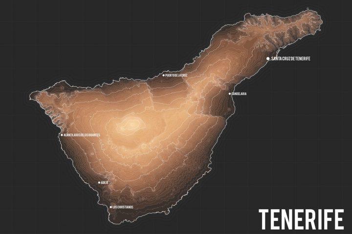 Map of Tenerife, Canary Islands. Vector elevation map of island. Generated conceptual surface relief map. Detailed geographic elegant landscape scheme. Topographic outline poster.